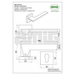 Klamka drzwiowa ZAHORA aluminiowa + rozety kwadrat na wkładkę satyna
