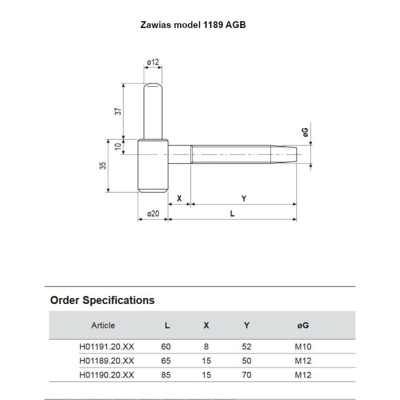 Zawias czarny mod.1189 śr.20mm/70