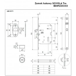 Zamek hakowy na klucz 50mm nikiel połysk czoło 16x160mm mod. SCIVOLA Tre