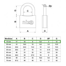 Kłódka mosiężna 15mm ten sam klucz mod.NIZA display