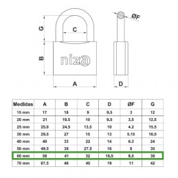 Kłódka mosiężna 60mm mod.NIZA display