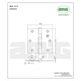 Zawias do drzwi 102x102mm mosiądz lakierowany splatany 2szt. mod. 3012