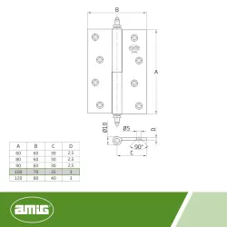Zawias do drzwi 100x70mm mosiądz lakierowany rozłączny PRAWY (pl) mod. 1007