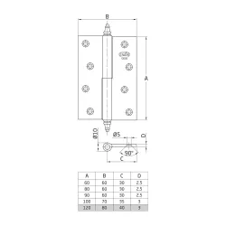 Zawias do drzwi 120x80mm mosiądz chrom mat rozłączny LEWY (pl) mod. 1007