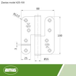 Zawias do drzwi 100x88mm stal nierdzewna INOX rozłączny LEWY (pl) mod. 425