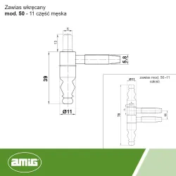 Zawias wkręcany 11x78mm Część męska czarny mod.50