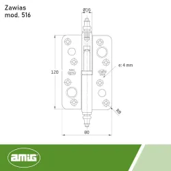 Zawias do drzwi antywyważeniowy 120x80mm mosiądz chrom mat LEWY (pl) mod. 516